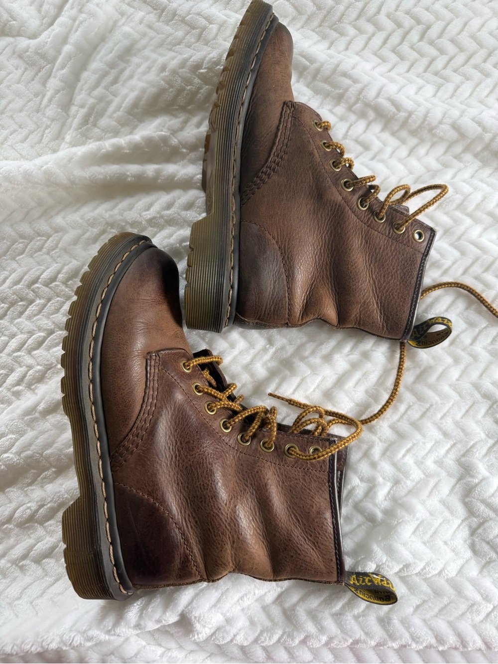 Dr. Martens Brown Leather Lace-Up Men's Boots with Yellow Stitching